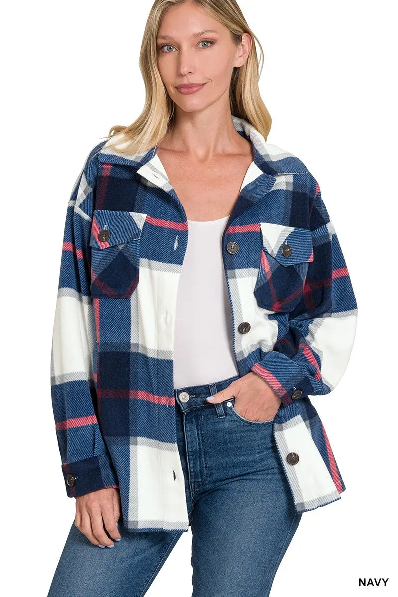 Zenana Oversized Plaid Fleece Shacket Trendsi