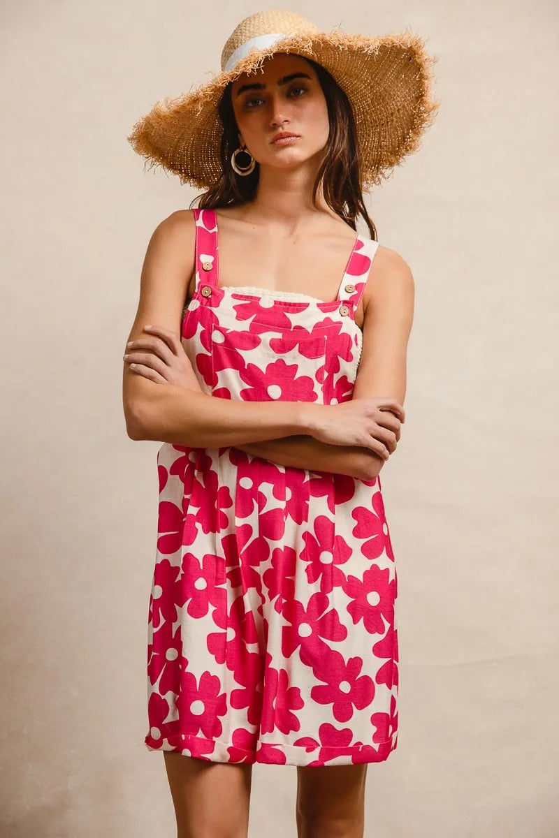 BiBi Floral Prints Tuck Detail Short Overall With Pockets OutfitFlow