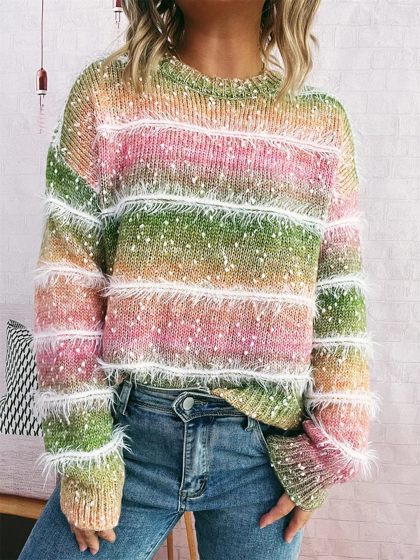 Gradient Striped Round Neck Sweater OutfitFlow