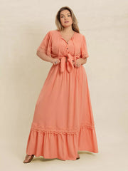 Plus Size Lace Detail Tie Neck Top and Skirt Set OutfitFlow