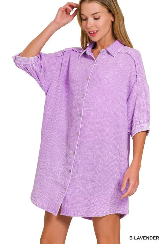 Zenana Washed Double Gauze Button Down Shirt Dress OutfitFlow
