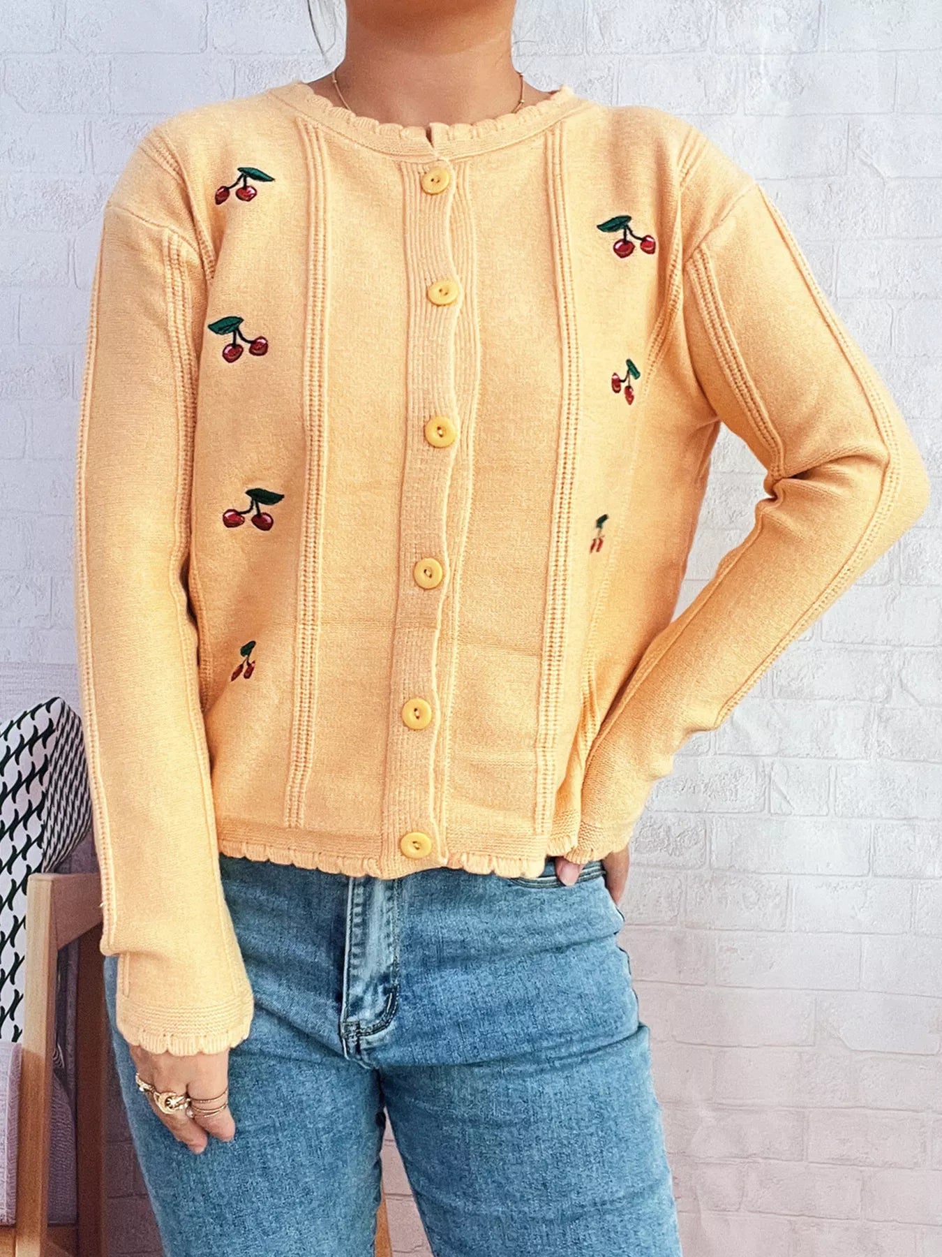 Cherry Embroidered Button Up Cardigan OutfitFlow