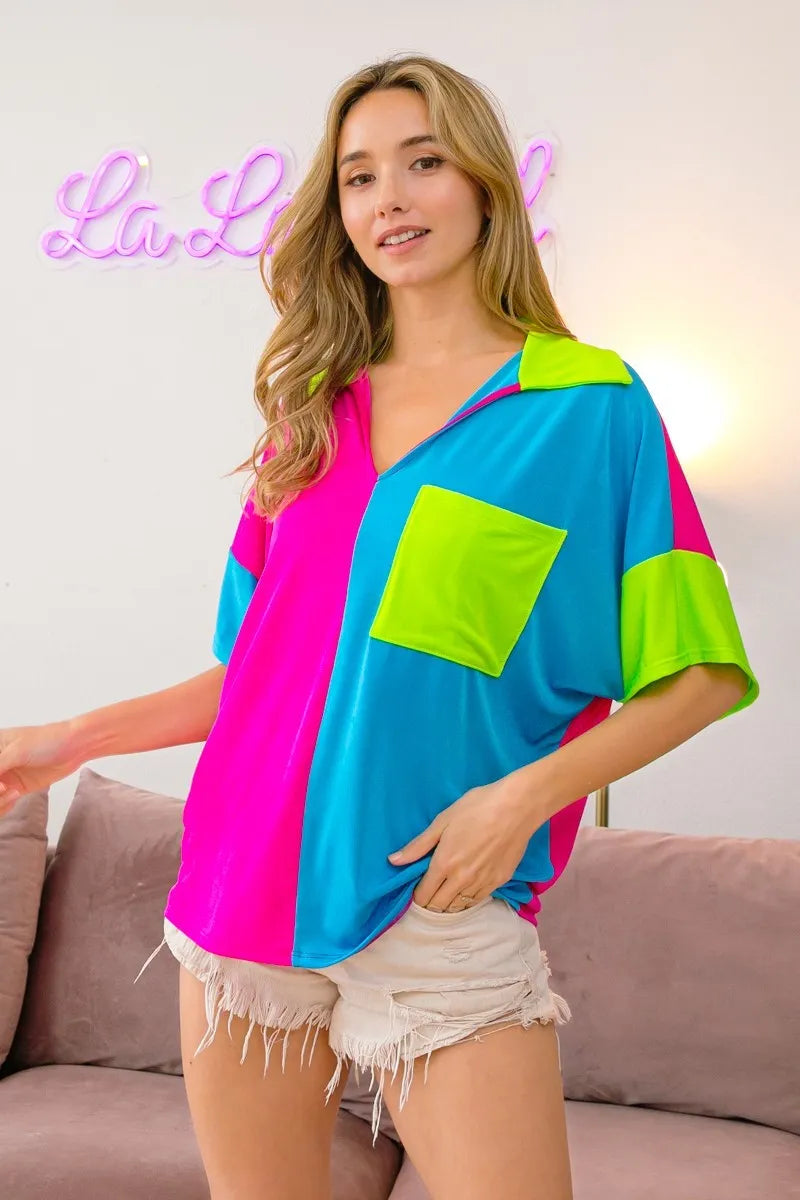 BiBi Slinky Knit Color Block V Neck Front Top OutfitFlow