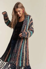 ADORA Multi Colour Sweater Long Cardigan with Fringes NAVY OutfitFlow