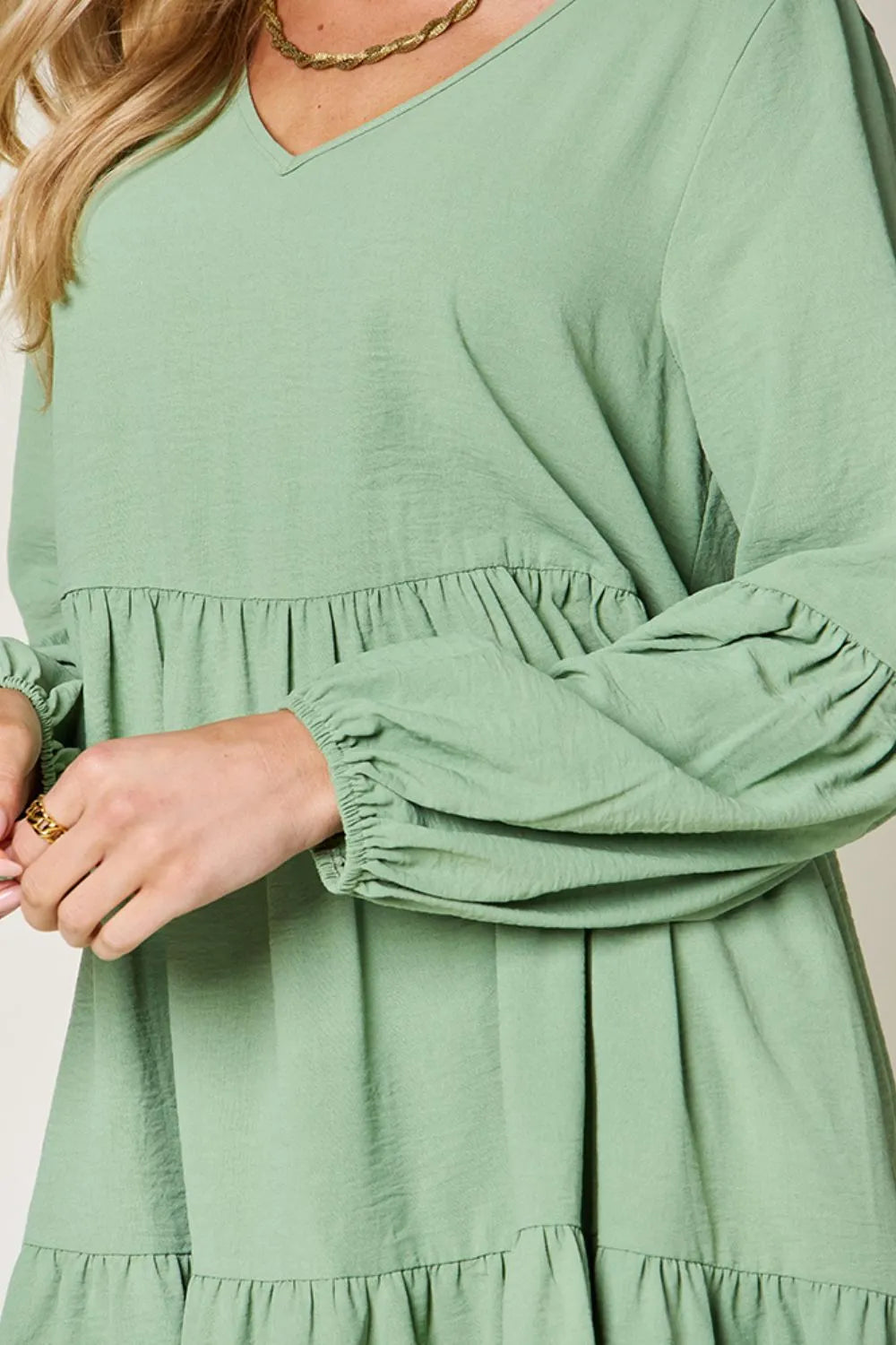 Double Take Full Size V-Neck Balloon Sleeve Tiered Dress with Pockets OutfitFlow