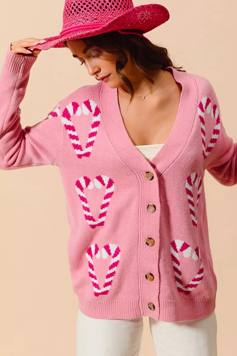 SO ME Christmas Candy Cane Button Front Sweater Cardigan OutfitFlow