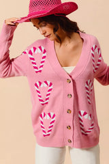 SO ME Christmas Candy Cane Button Front Sweater Cardigan OutfitFlow