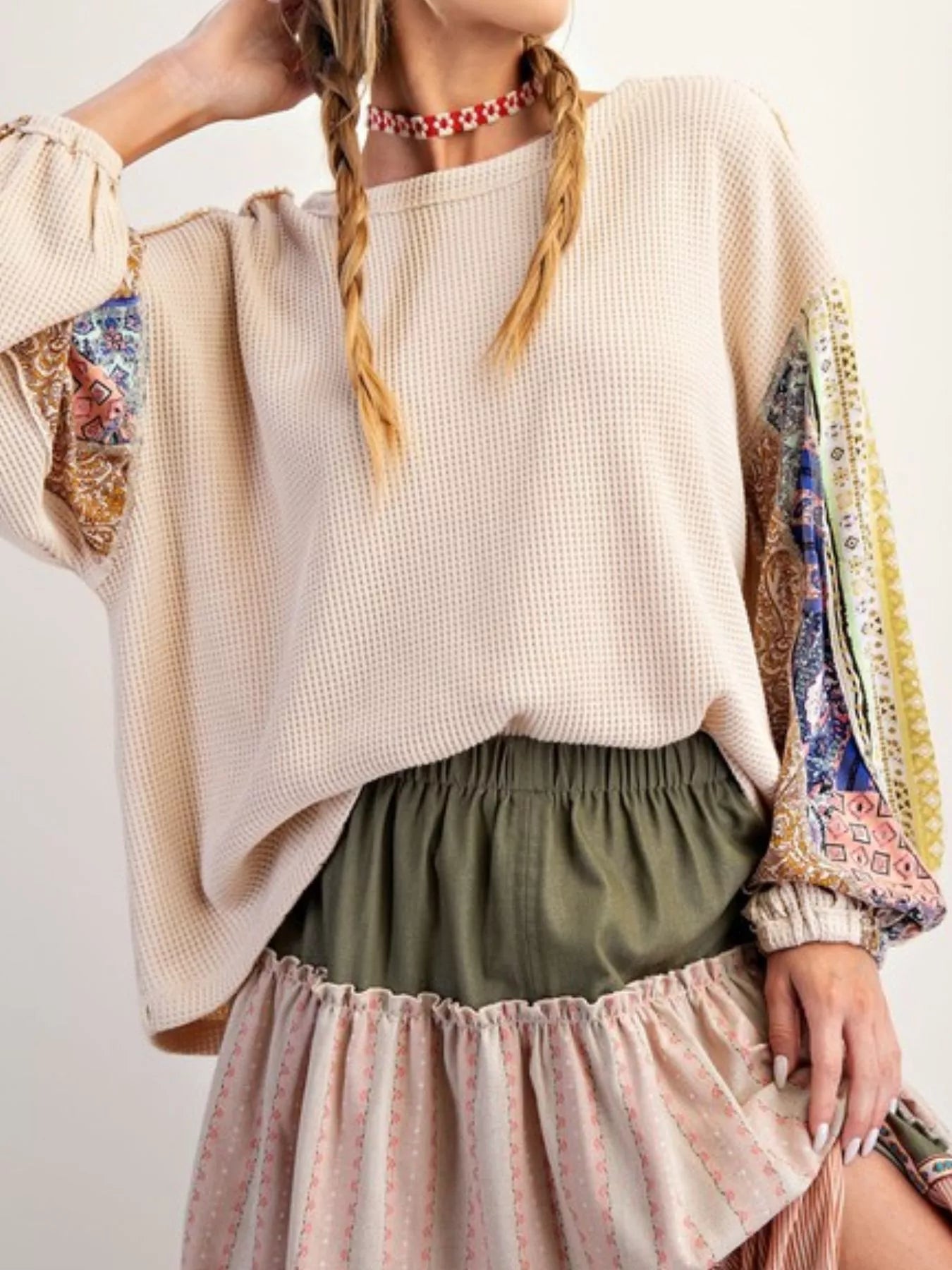 Waffle Knit Round Neck Dropped Shoulder Sweatshirt OutfitFlow