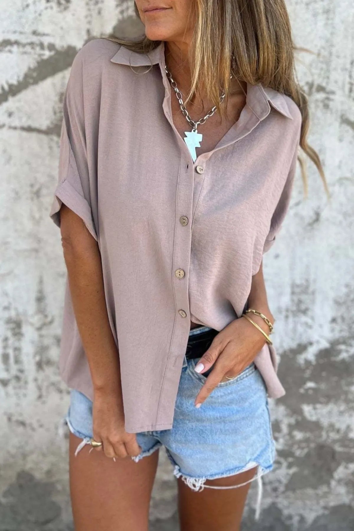 Full Size Casual Button Down Short Sleeve Loose Shirt Plus Size Dust Storm OutfitFlow