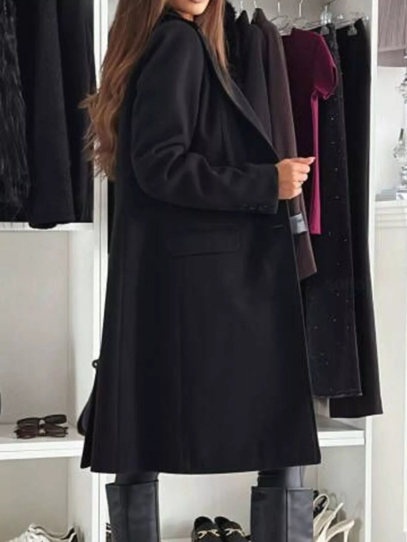 Lapel Collar Long Sleeve Coat OutfitFlow
