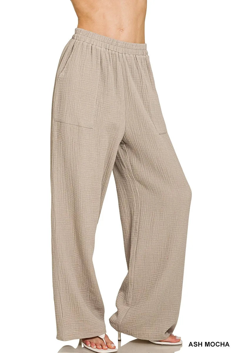 Zenana Double Gauze Elastic Band Pants ASH MOCHA Trendsi