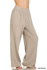 Zenana Double Gauze Elastic Band Pants ASH MOCHA Trendsi