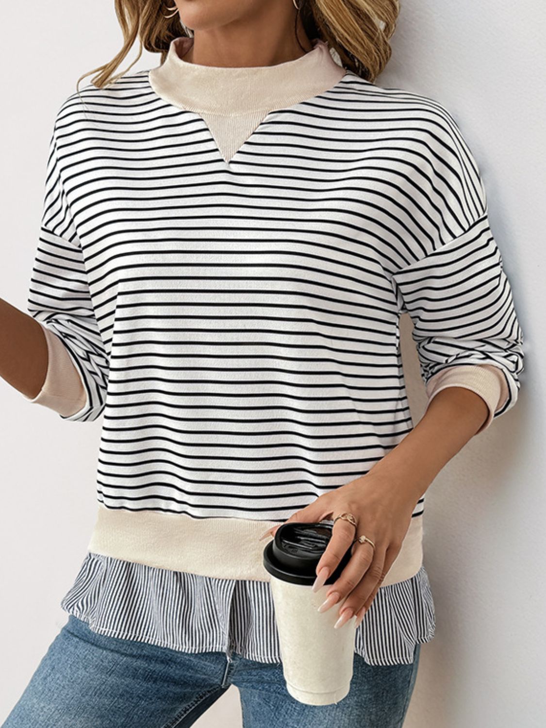 Outfit Flow - Perfee Faux Layered Striped Long Sleeve Sweatshirt