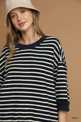 Umgee Ribbed Hem Striped Oversized Knit Top OutfitFlow