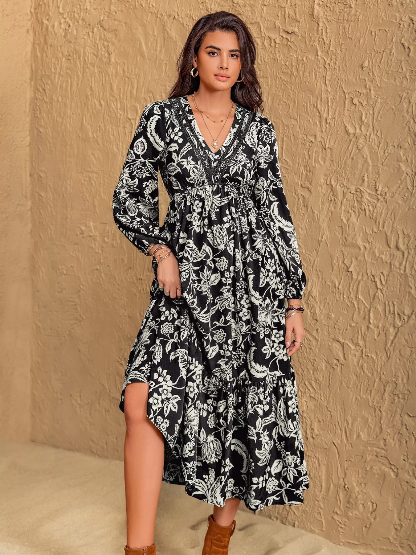 Floral Print V-Neck Long Sleeve Ruffle Hem Midi Dress OutfitFlow