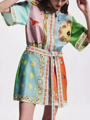 Printed Tie Waist Shirt Dress Multicolor OutfitFlow