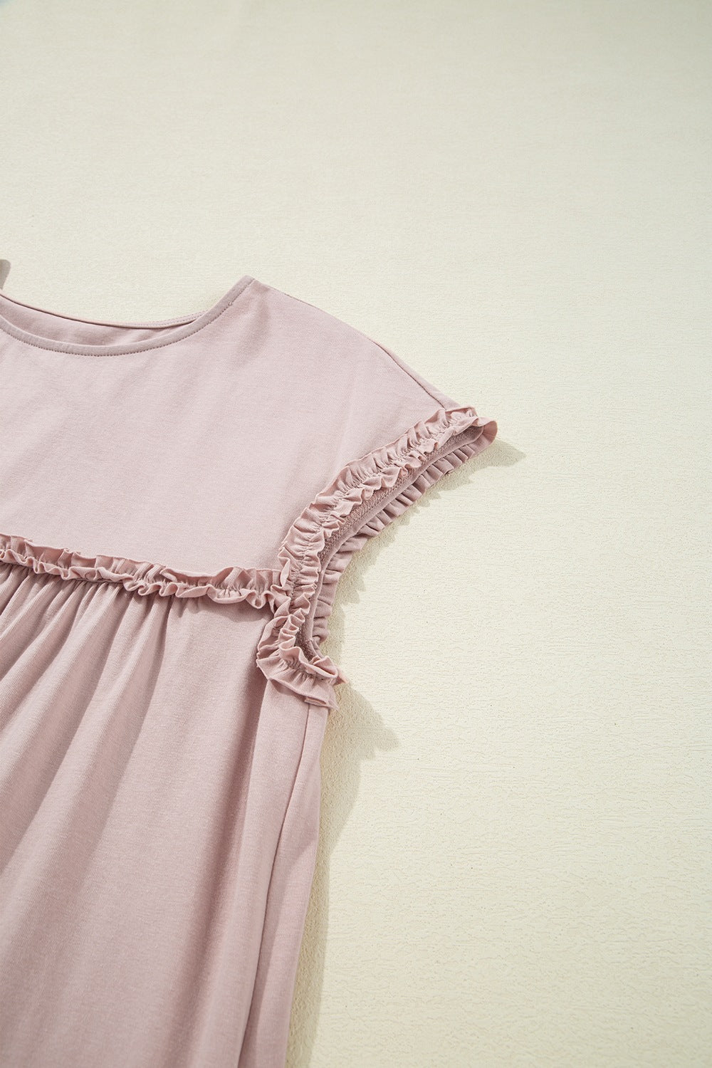 Frilled Trim Crew Neck Cap Sleeve Loose Fit Mini Dress OutfitFlow