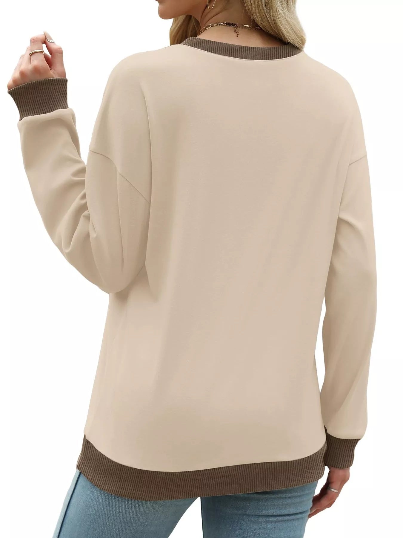 Contrast Trim Crew Neck Casual Sweatshirt OutfitFlow