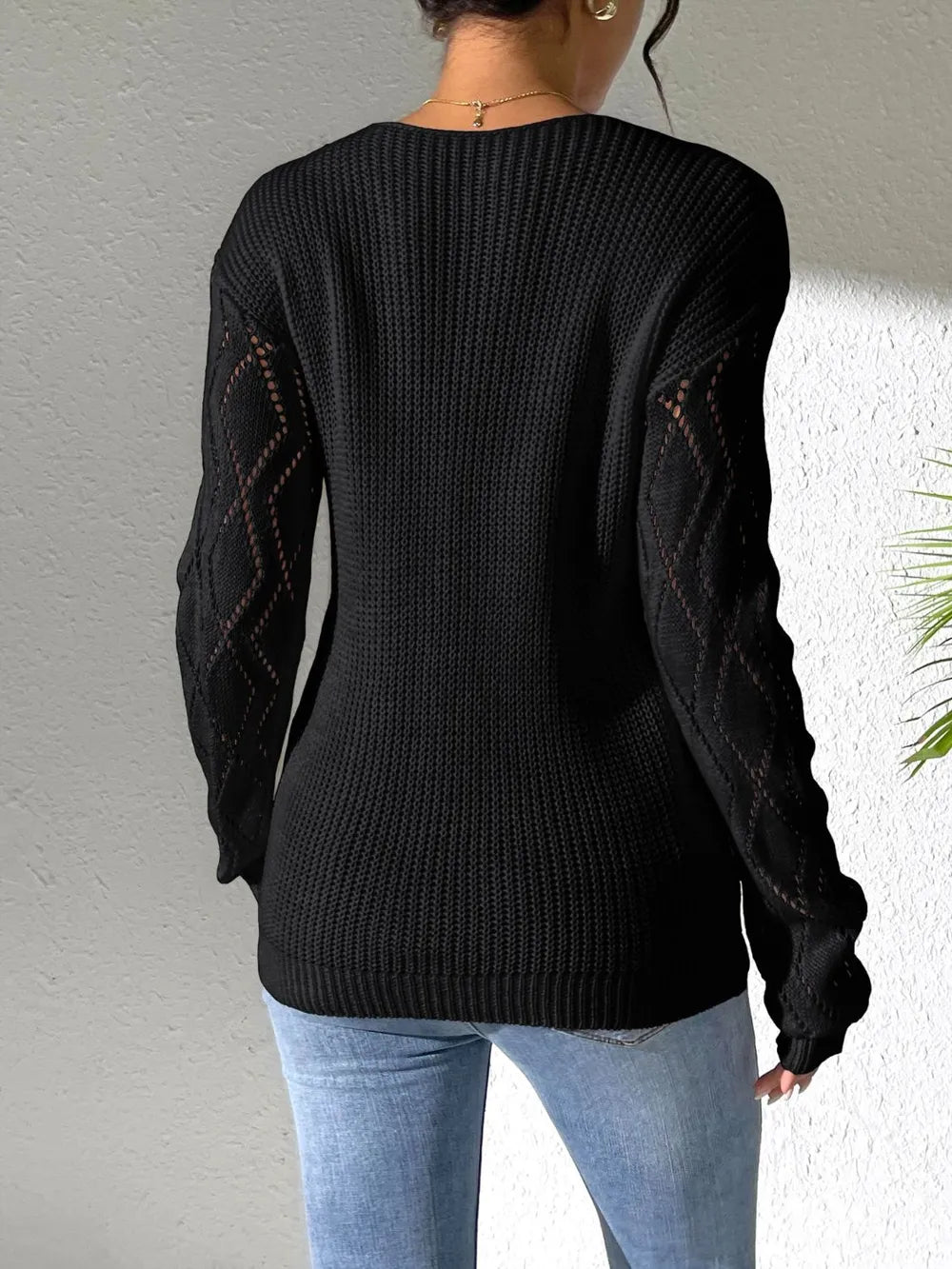 Openwork V-Neck Long Sleeve Sweater Trendsi