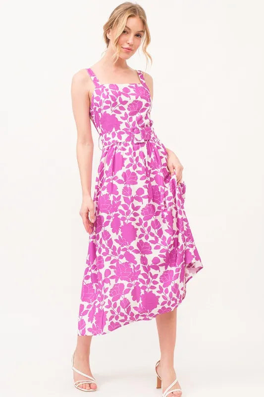 And The Why Square Neck Belted Floral Printed Midi Dress Magenta OutfitFlow