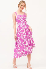 And The Why Square Neck Belted Floral Printed Midi Dress Magenta OutfitFlow