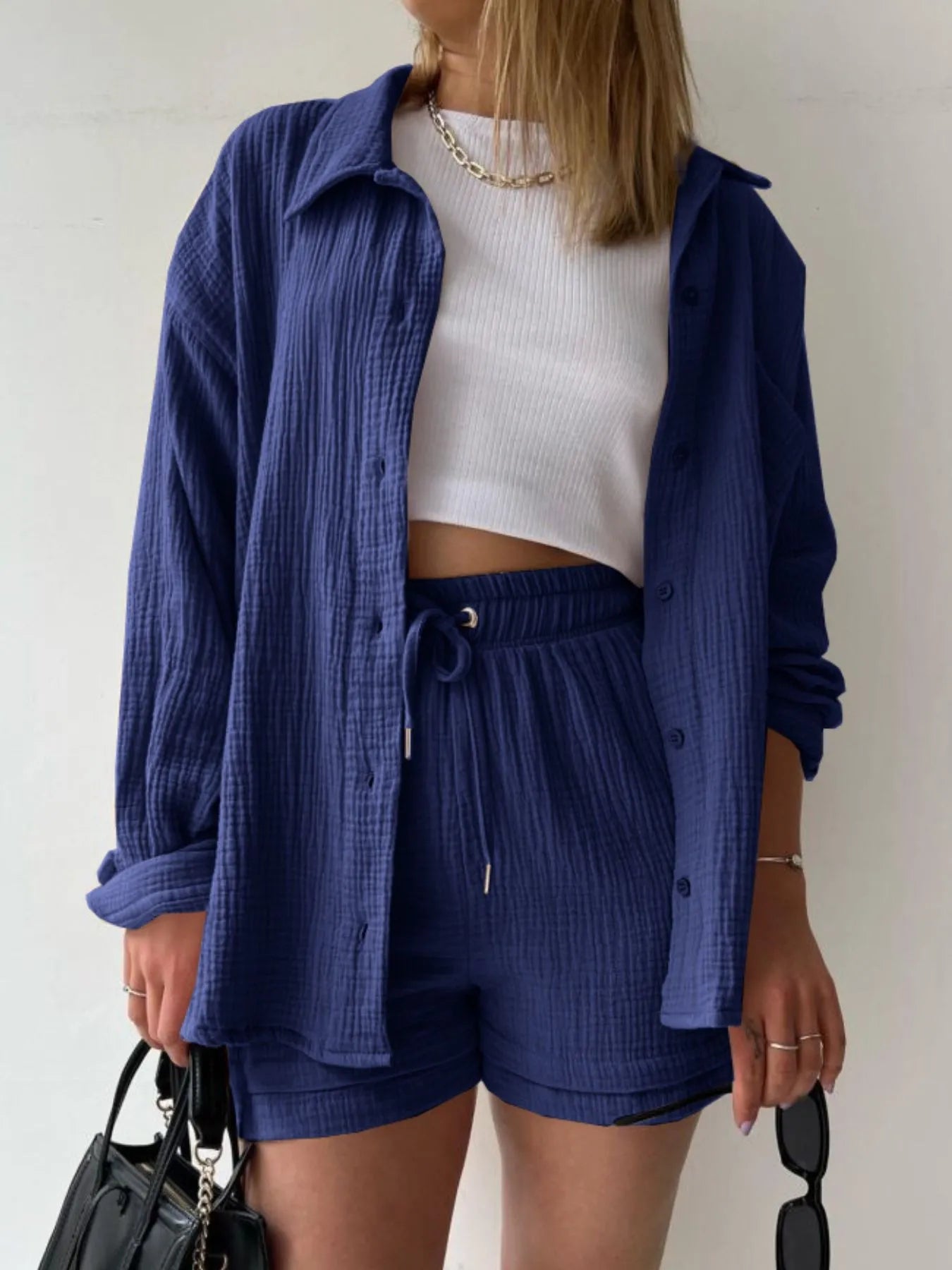 Textured Button Up Shirt and Shorts Set OutfitFlow