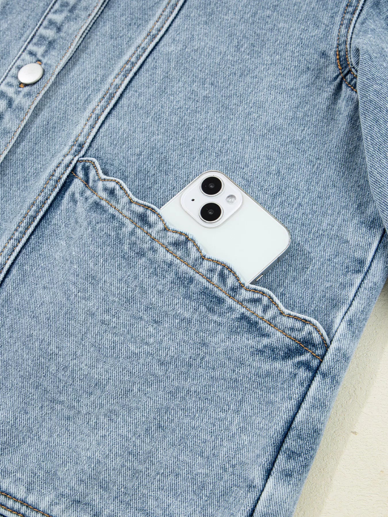 Scallop Trim Collar Patched Pocket Button Up Denim Jacket OutfitFlow
