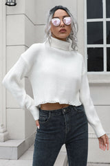 Turtleneck Dropped Shoulder Sweater White Trendsi