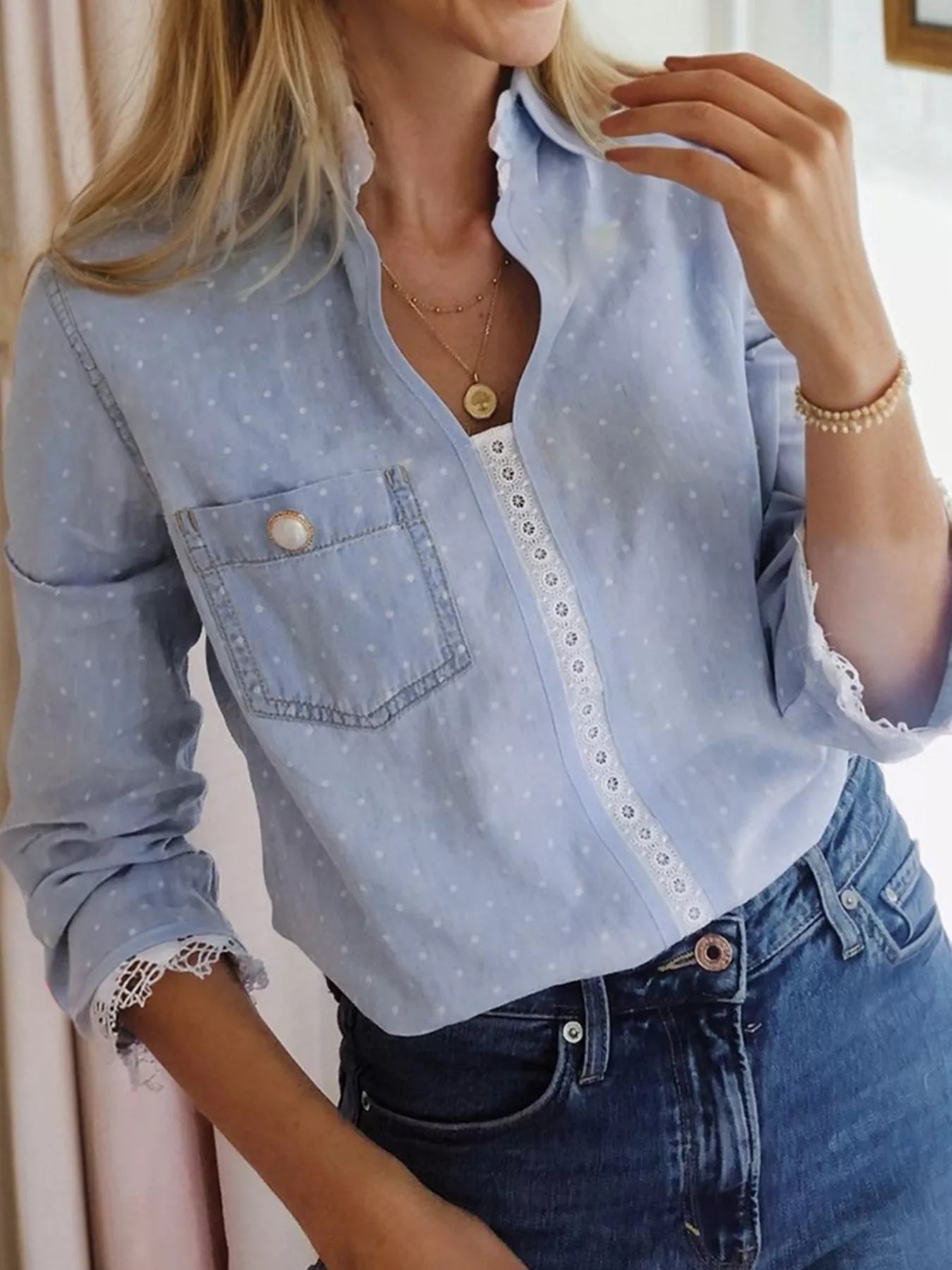 Lace Trim Patchwork Dotted Print Collared Blouse OutfitFlow
