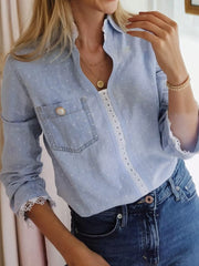 Lace Trim Patchwork Dotted Print Collared Blouse OutfitFlow