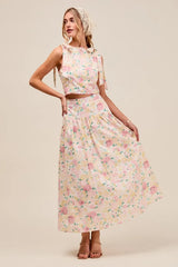 SO ME Floral Printed Woven Shoulder Bow Tie Top and Skirt Set OutfitFlow