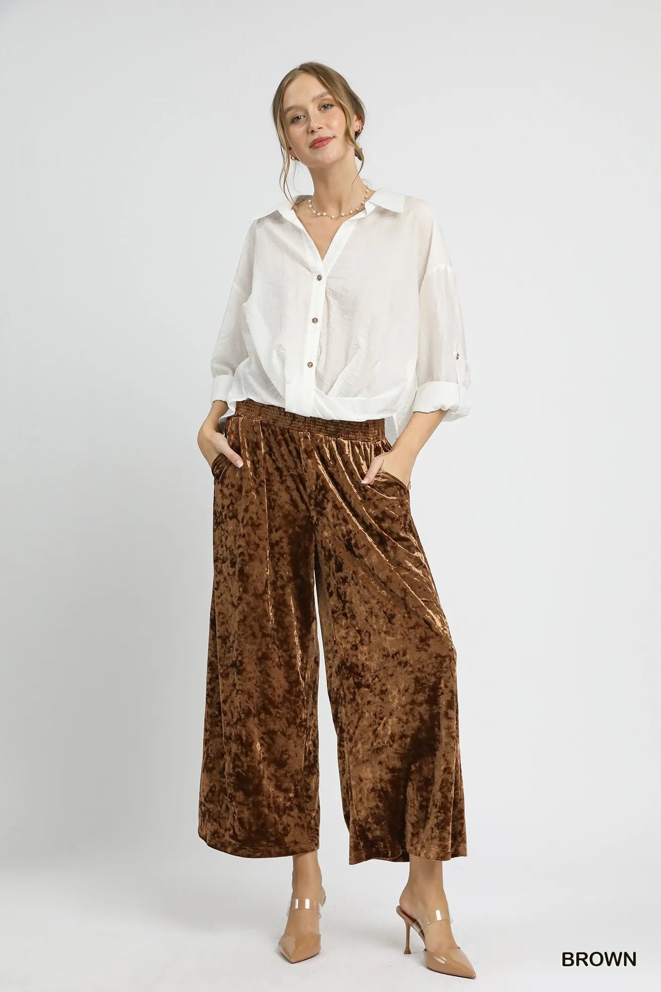 Umgee Velvet Smocked Waistband Wide Leg Pants Trendsi