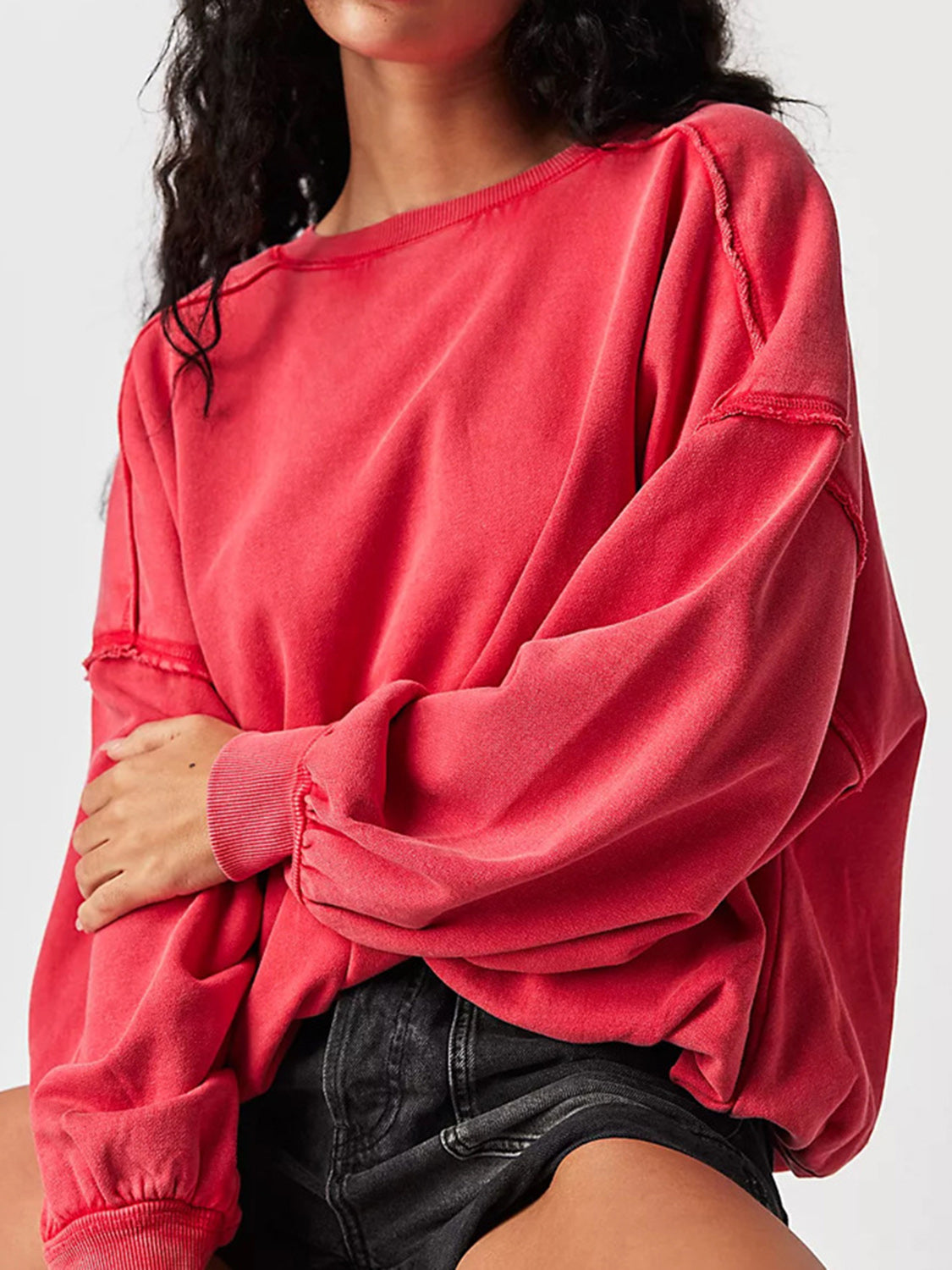 Outfit Flow - Exposed Seam Round Neck Long Sleeve Sweatshirt