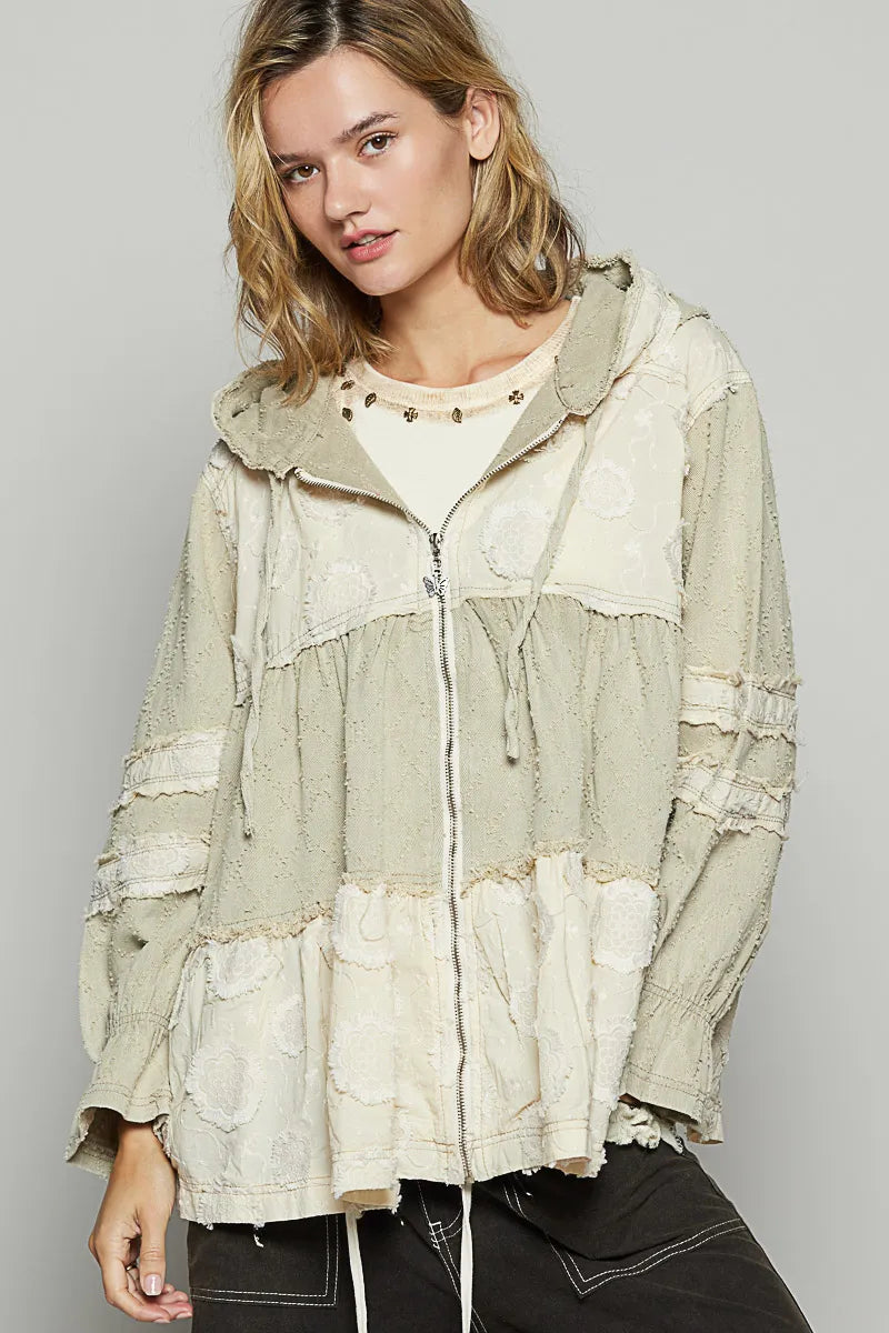 POL Raw Hem Color Block Hooded Jacket OutfitFlow