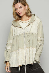 POL Raw Hem Color Block Hooded Jacket OutfitFlow