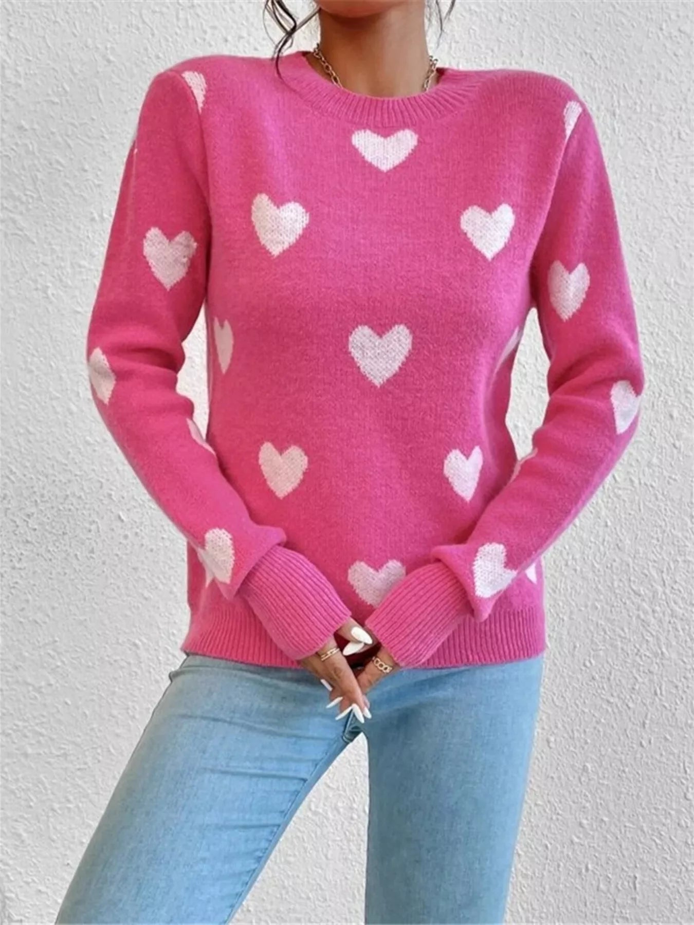 Heart Pattern Round Neck Sweater OutfitFlow