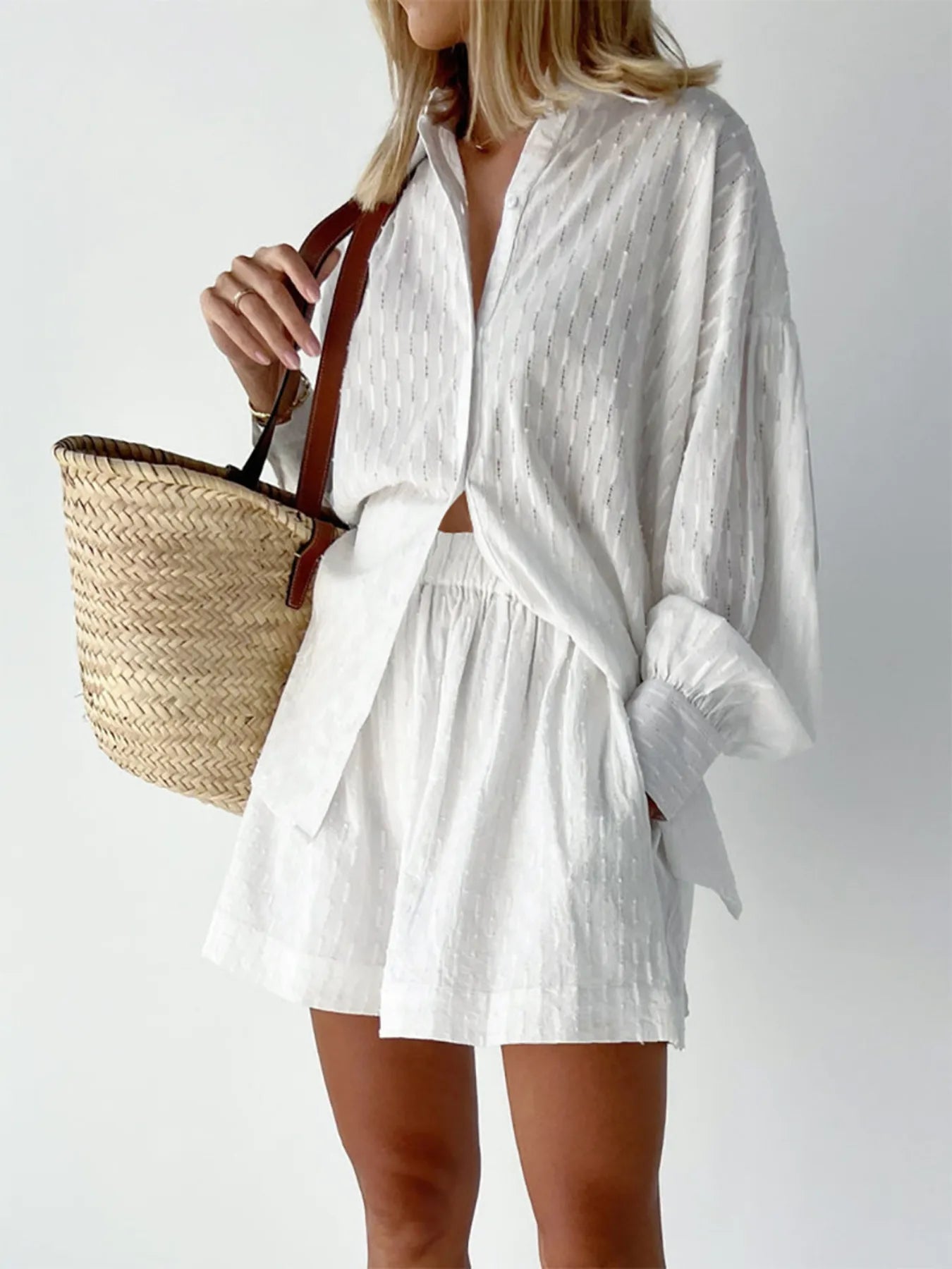 Textured Button-Up Shirt and Shorts Set OutfitFlow