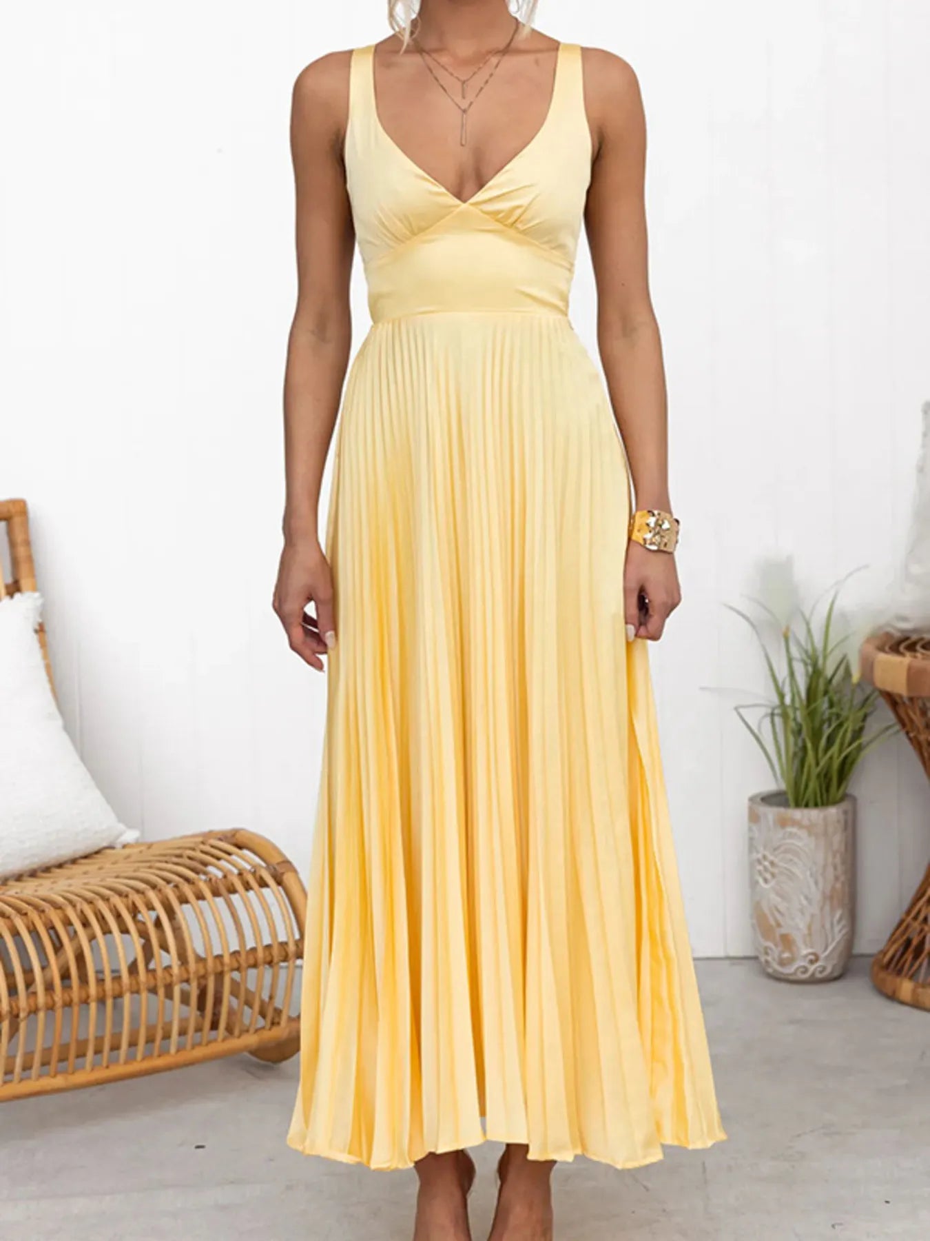 Pleated V-Neck Sleeveless Maxi Dress OutfitFlow