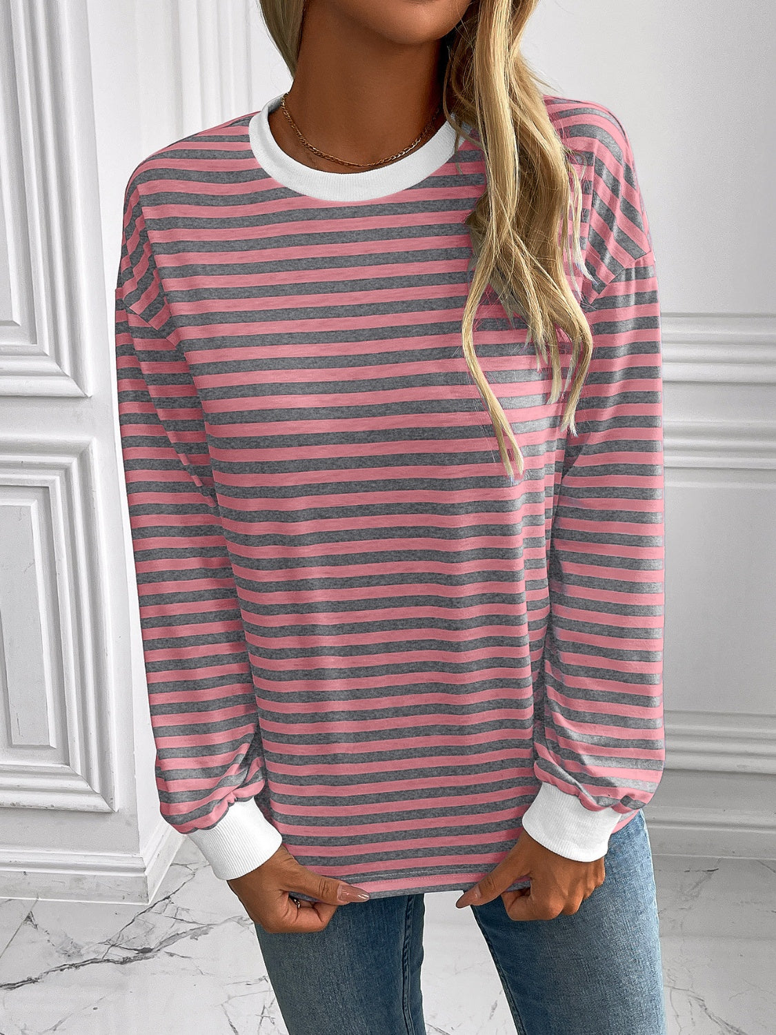 Outfit Flow - Ivy Lane Striped Round Neck Long Sleeve Sweatshirt