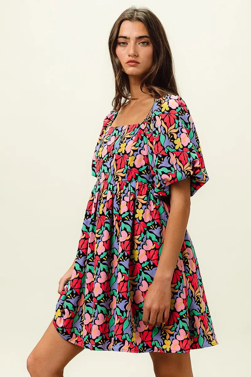 BiBi Floral Print Puff Square Neck Dress OutfitFlow