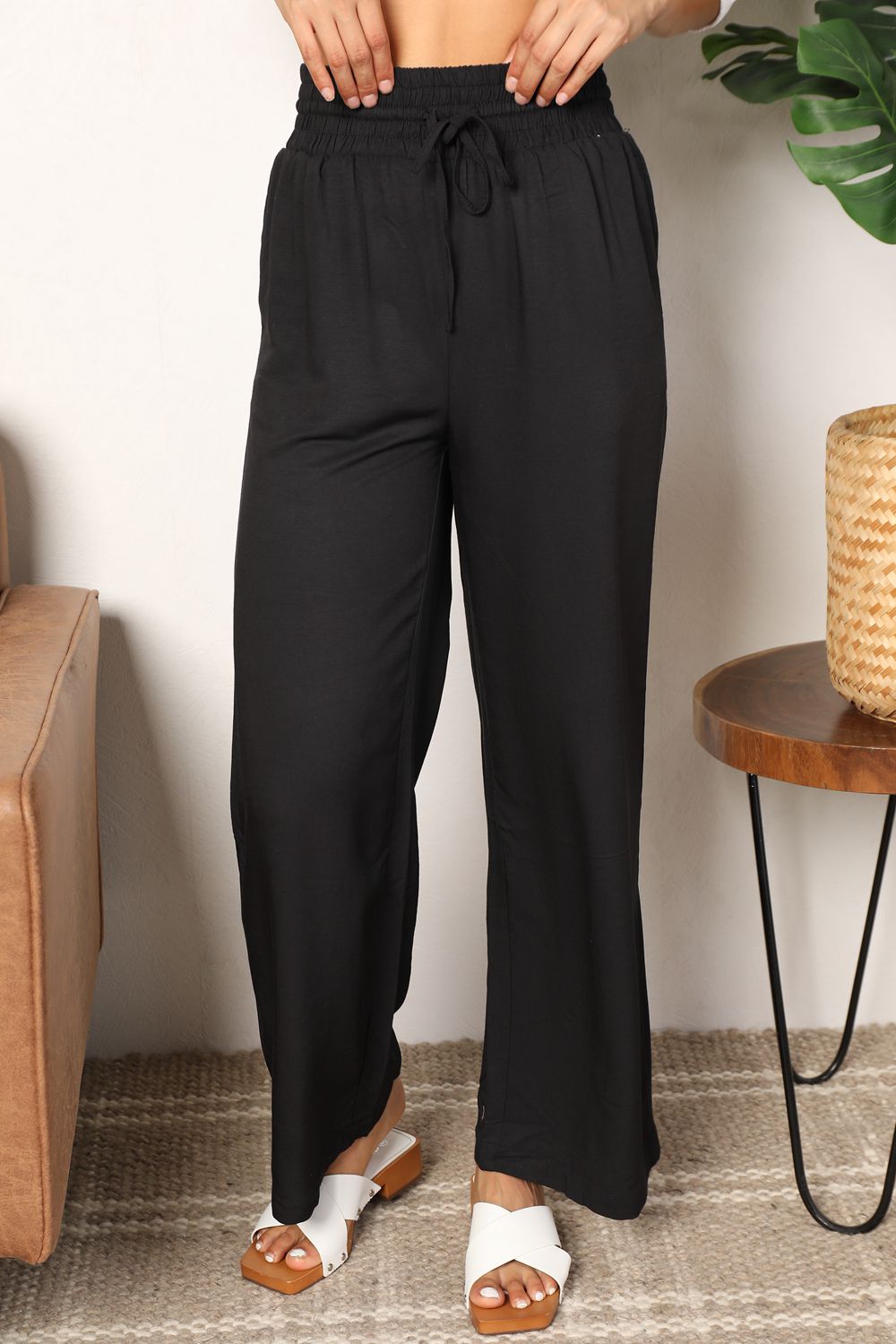 Double Take Drawstring Smocked Waist Wide Leg Pants Black OutfitFlow
