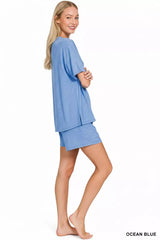 Zenana Soft Melange Short Sleeve Tee and Shorts Set OutfitFlow