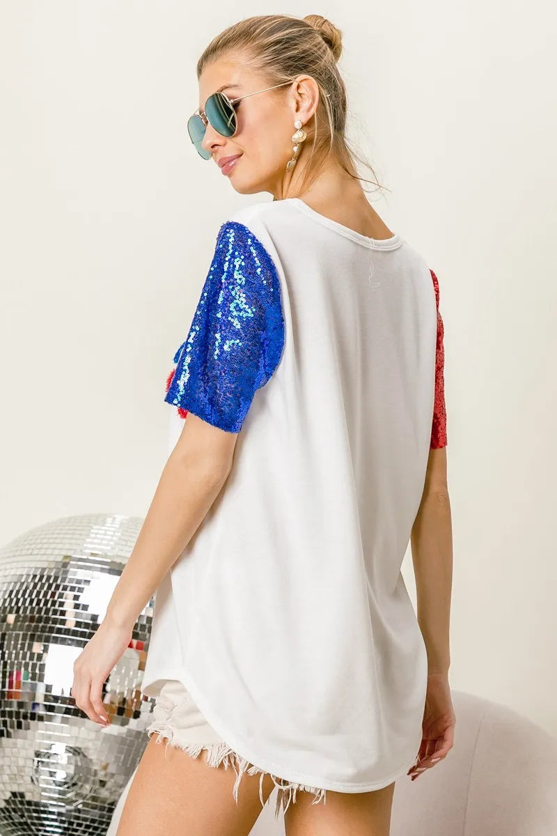 BiBi Metallic Letter V-neck Sequin Sleeves Top OutfitFlow