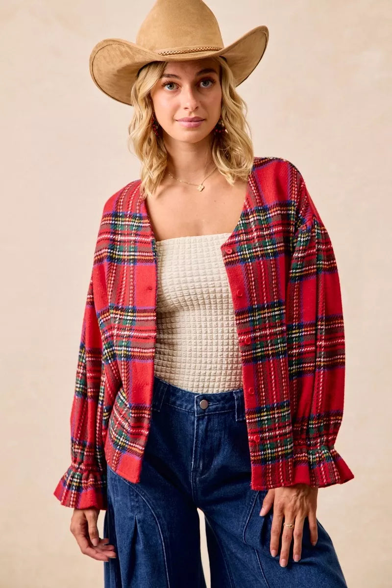 BiBi Christmas Plaid V-Neck Flounce Sleeve Jacket Trendsi