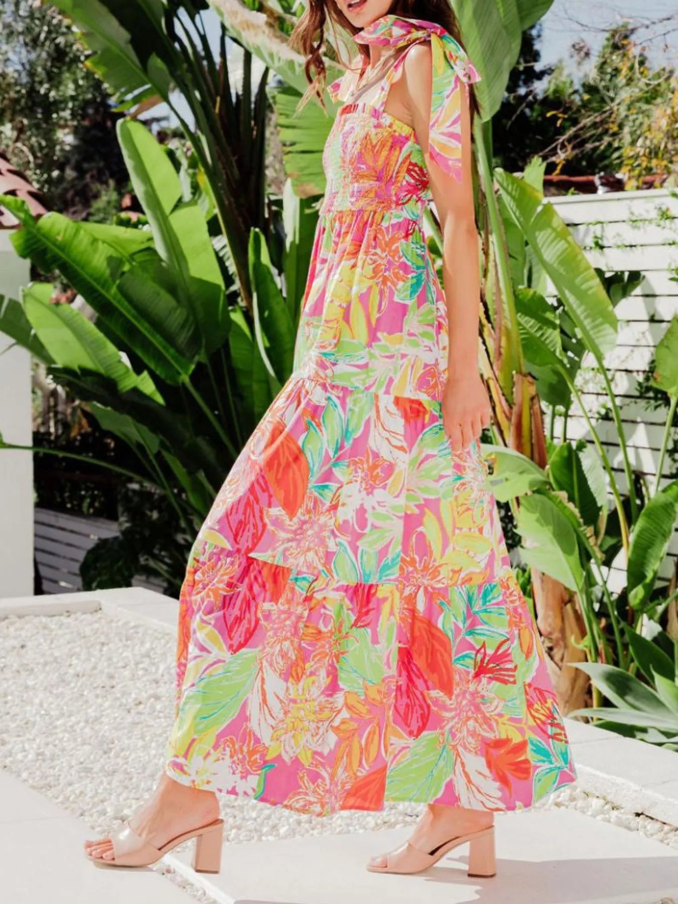 Tropical Print Tie Shoulder Maxi Dress OutfitFlow