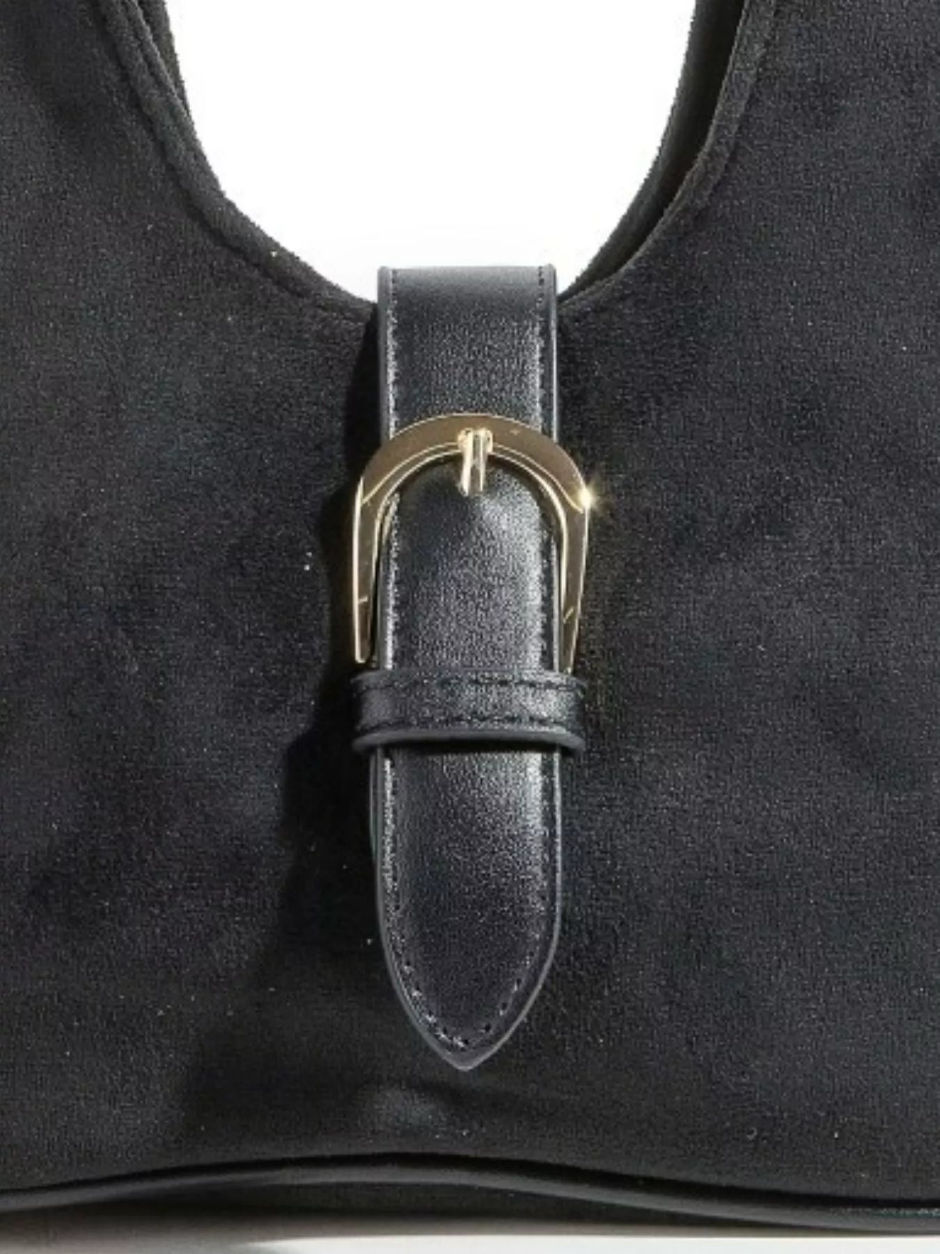Fame Buckle Accent Faux Suede Hand Bag OutfitFlow