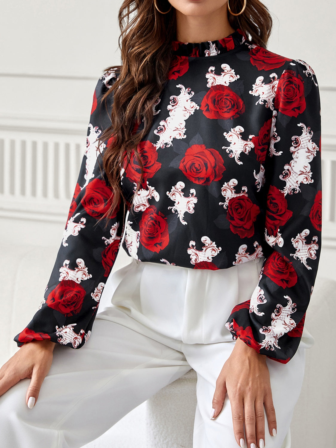 Outfit Flow - Frill Floral Mock Neck Long Sleeve Top