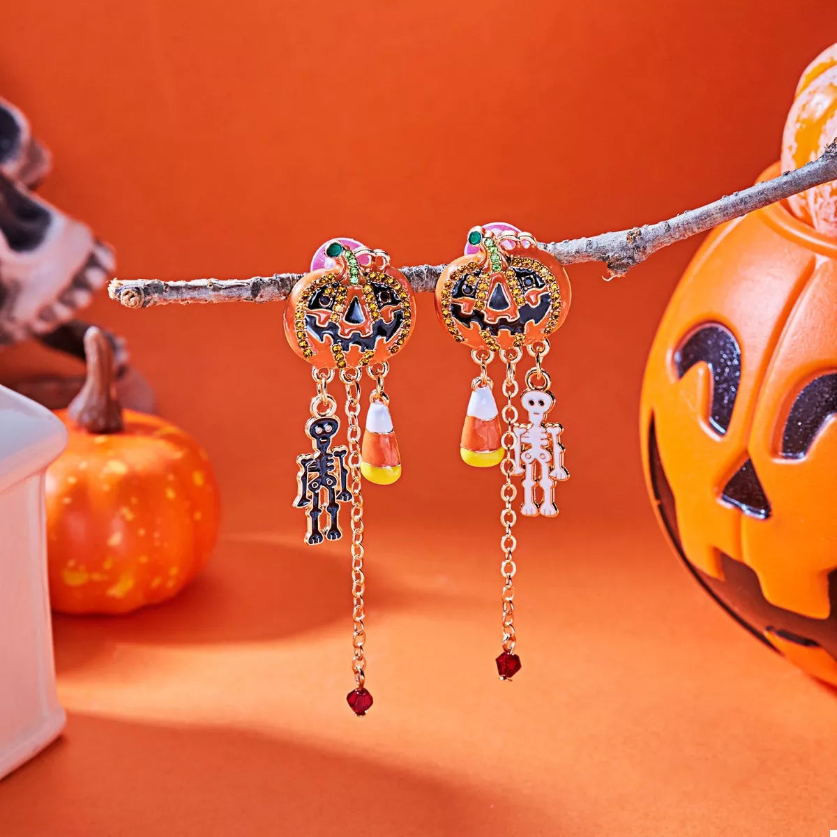 Halloween Pumpkin Drop Chain Earrings OutfitFlow