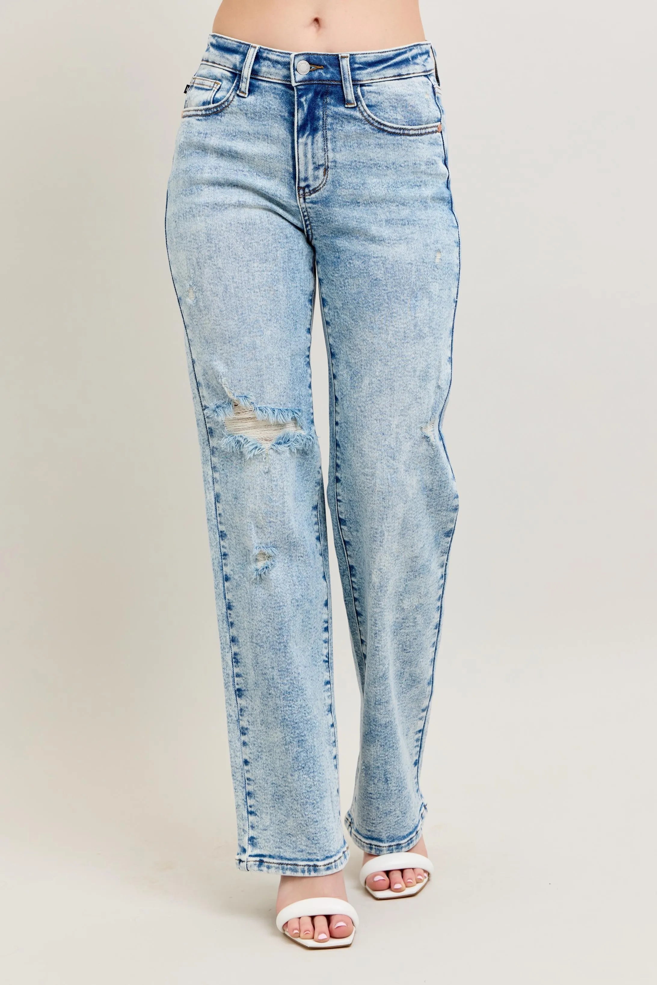 Judy Blue Full Size Hw Mineral Wash Destroy 90's Straight Jeans Plus Size OutfitFlow