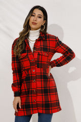Shiny Plaid Collared Longline Coat Trendsi